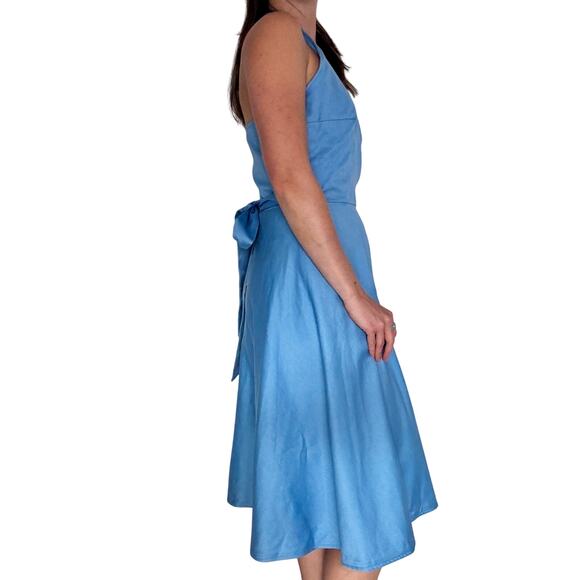 Vintage 1970s Wrap Dress Ellen Tracy Bonwit Teller Blue Cotton Fit & Flare - Picture 4 of 13